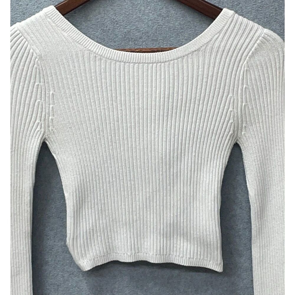 Hollister XS White Ribbed Knit Crop Top Open Back Tie Fitted Sweater - Picture 5 of 9